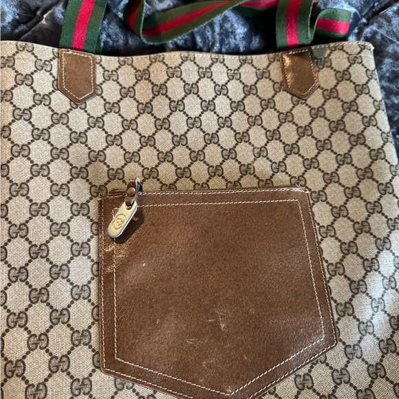Gucci Beige Monogram Tote with Brown Leather Pocket - Picture 7 of 8